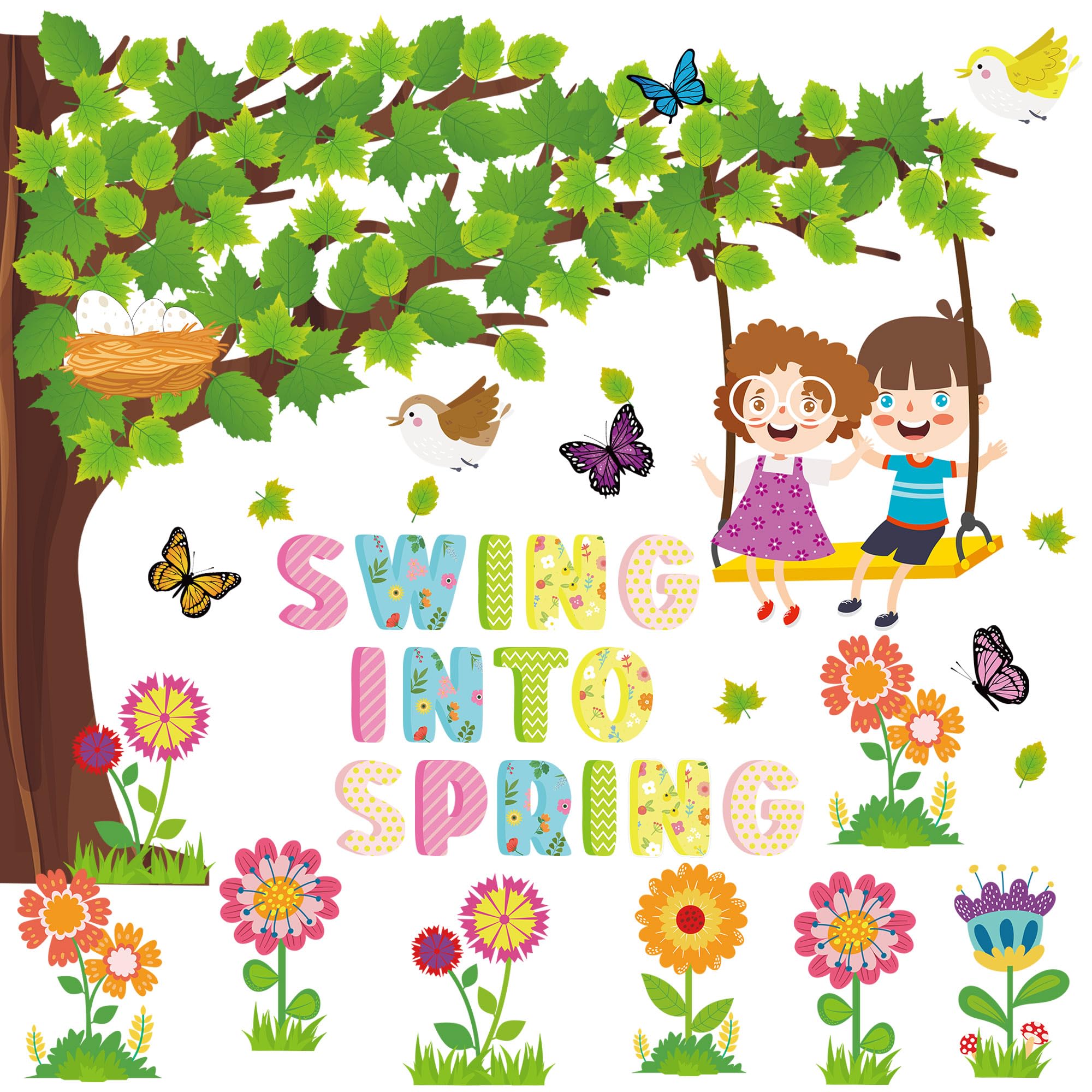 Photo 1 of Tree Classroom Bulletin Board Set Spring Trees Bulletin Cutouts Flower Bulletin Board Decoration with Leaves Swing Into Spring Butterfly Cutouts for School Chalkboard Office Wall Decor, 136 PCS