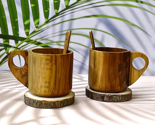 Miniatura 9 de Juego de 2 tazas de café de madera natural con posavasos y cuchara, 6.1 fl oz, tazas de té de madera, leche, jugo, soda, tazas de bebidas calientes