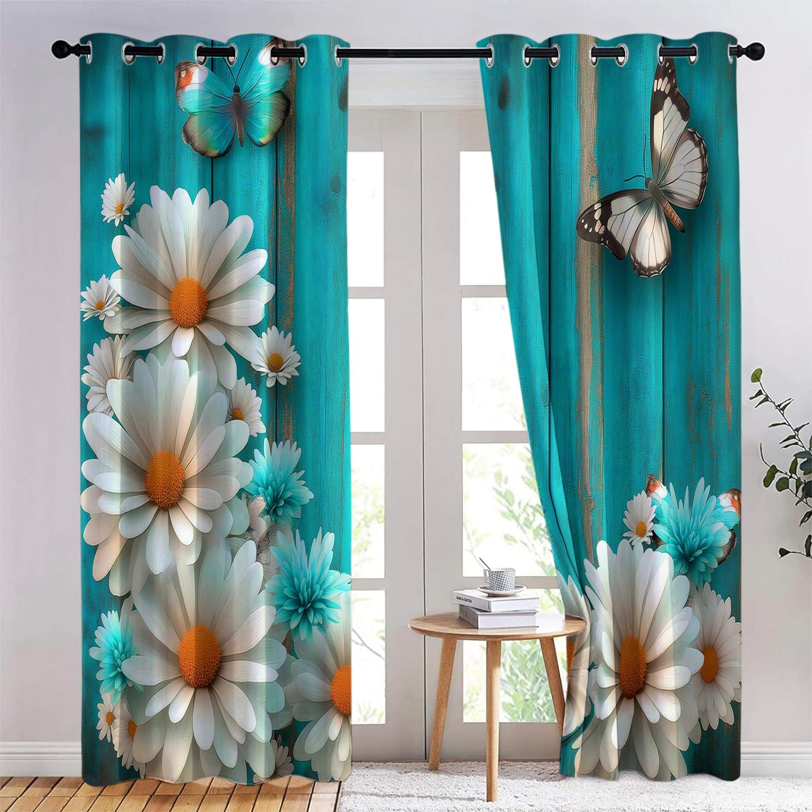 Zasłony zaciemniające 3D, kwiaty, stokrotki, motyle, termiczne, ochrona przed zimnem, ochrona przed hałasem, nieprzejrzyste, do sypialni, 234 x 229 cm, niebiesko-zielone, zestaw 2 sztuk