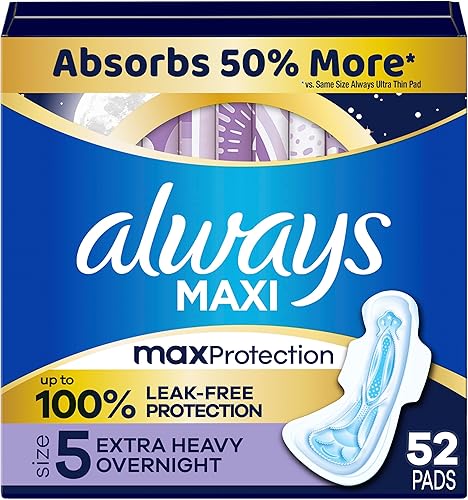 Always Maxi Overnight Feminine Pads with Wings for Women, Size 5, Extra Heavy Overnight Absorbency, Unscented, Up to 100% Leak-Free Protection, 52 Count