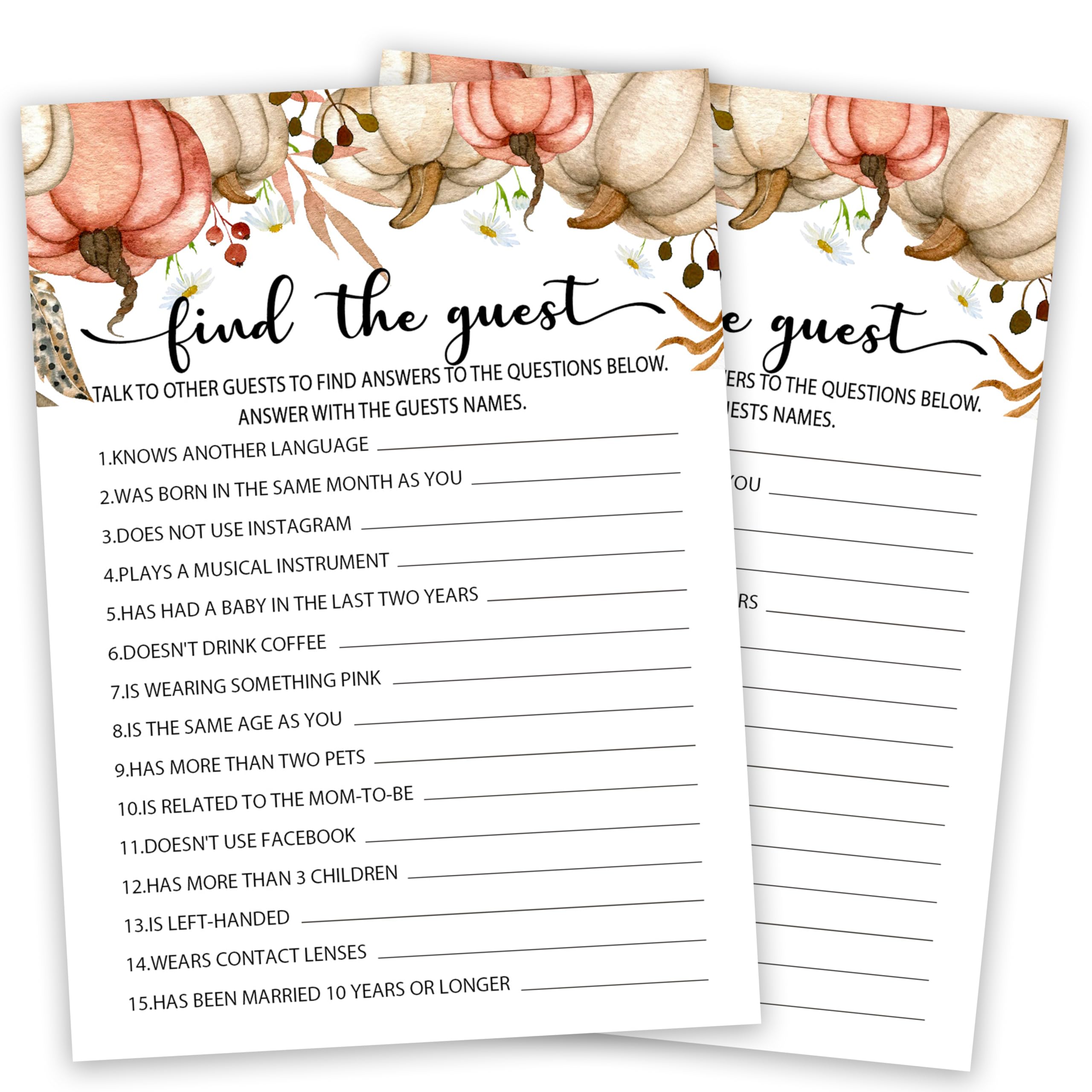 Baby Shower Game Cards, Fall Find The Guest Game Kit, Gender Reveal Party Supplies Favors, Pumpkins Baby Shower Activity Decorations, Baby Shower Gifts, 25 Game Cards Included -02