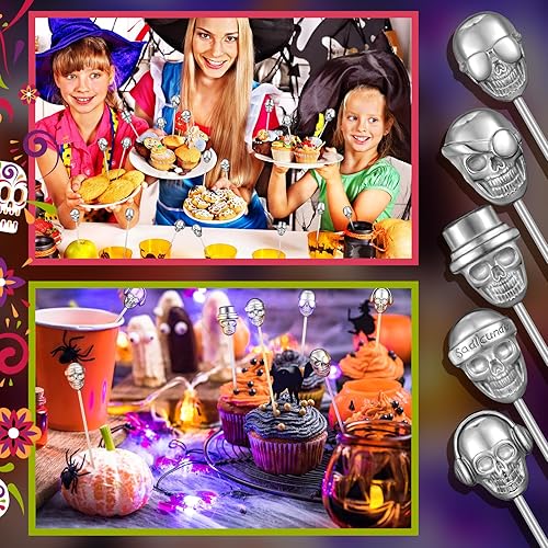 Miniatura 2 de 20 piezas de palitos de cóctel de Halloween, palitos de calavera, púas de Martini, adornos de cóctel para bebidas, calaveras plateadas, palillos de
