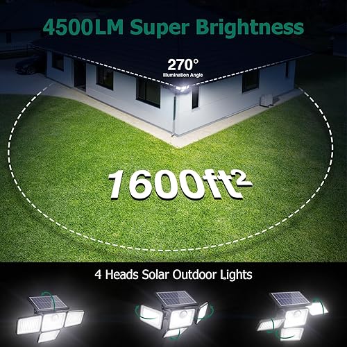 Miniatura 5 de Luces solares de 4500 lm para exteriores, 4 cabezales ajustables, luces con sensor de movimiento, 3 modos, 6500 K, IP65 impermeables, luces de pared