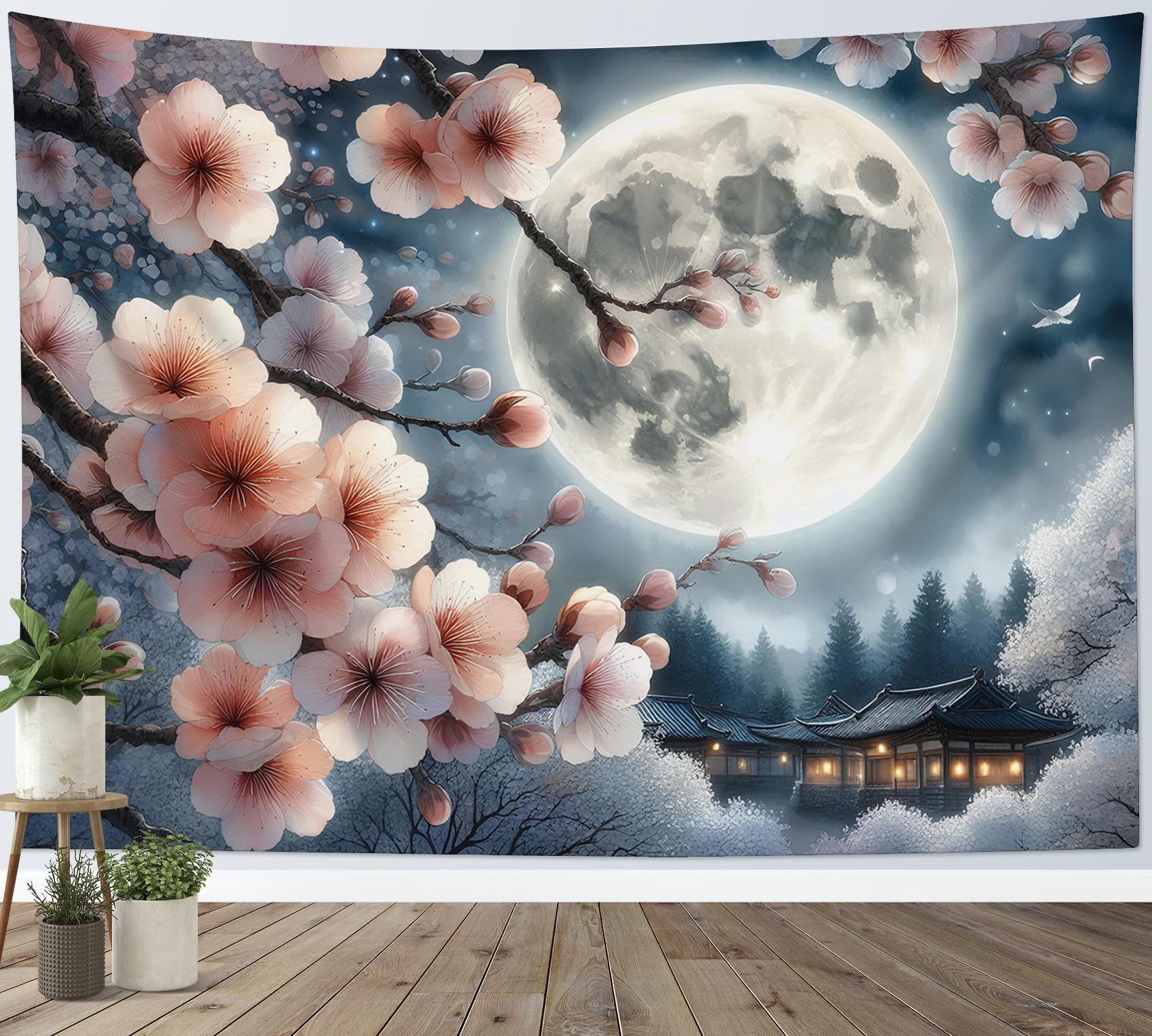 LB Pink Flower Tree Tapestry Wall Hanging Moon Night Scenery Japanese Pagoda Wall Decor for Living Room Bedroom Home Office,92x70 inch — image 1