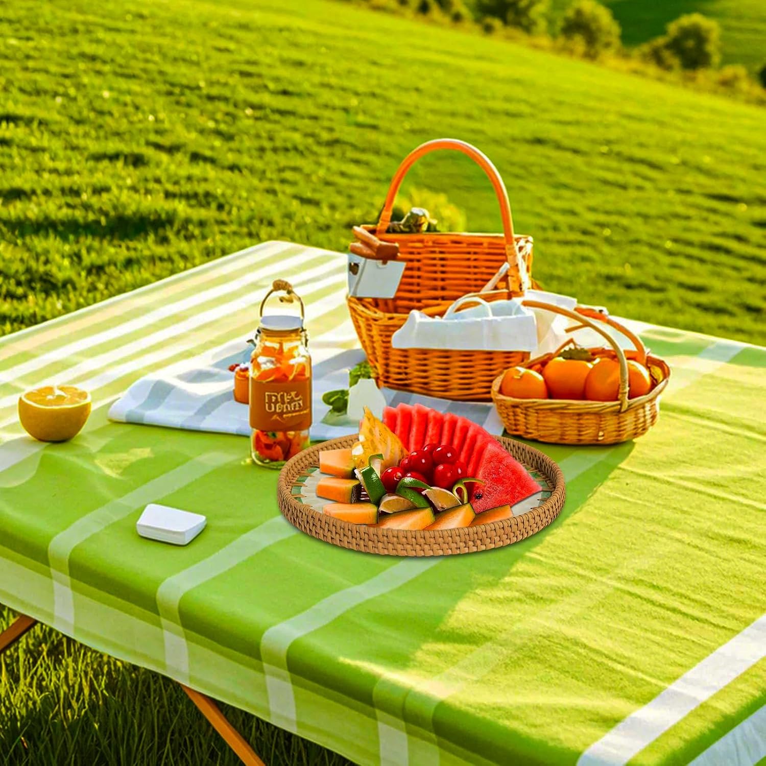 Round Rattan Tray with Mother of Pearl Inlay, Decorative Wicker Serving Tray with Wooden Base, Coffee Table Tray (Brown and Green) - Image 7