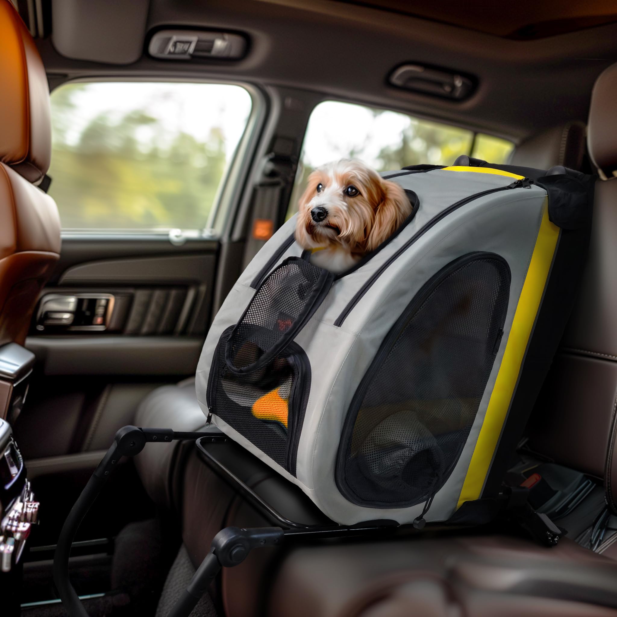 BingoPaw Foldable Dog Trolley Transport Box: Dog Travel Box for Car Back Seat, Mesh Doors for Ventilation, Dog Buggy with 4 Wheels and Adjustable Handle