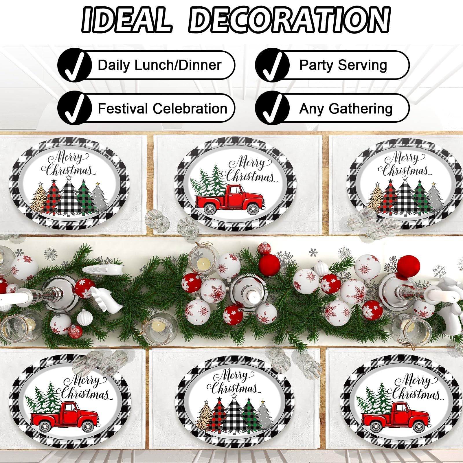 50 platos de papel ovalados de Navidad, grandes, desechables, de 11 pulgadas, color blanco y negro, diseño de camión, árbol de Navidad, bandeja de papel ovalada, bandeja de platos resistente para