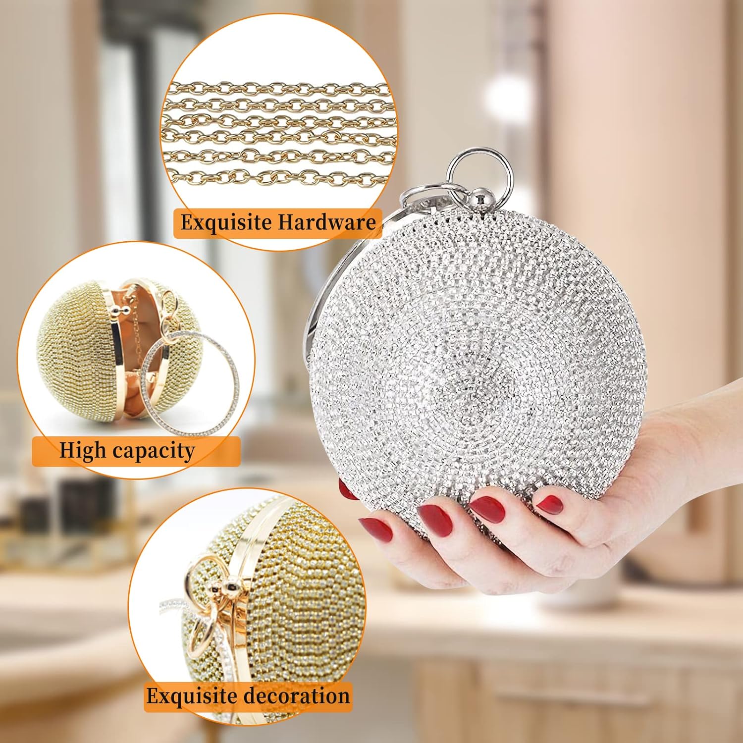 Women's Round Ball Crystal Clutch Purse Rhinestones Evening Handbag Sparkly Sequin Glitter Shoulder Bag Bridal Wedding Purse Crossbody Bag for Wedding Banquet Prom Cocktail Party Gold - Image 4