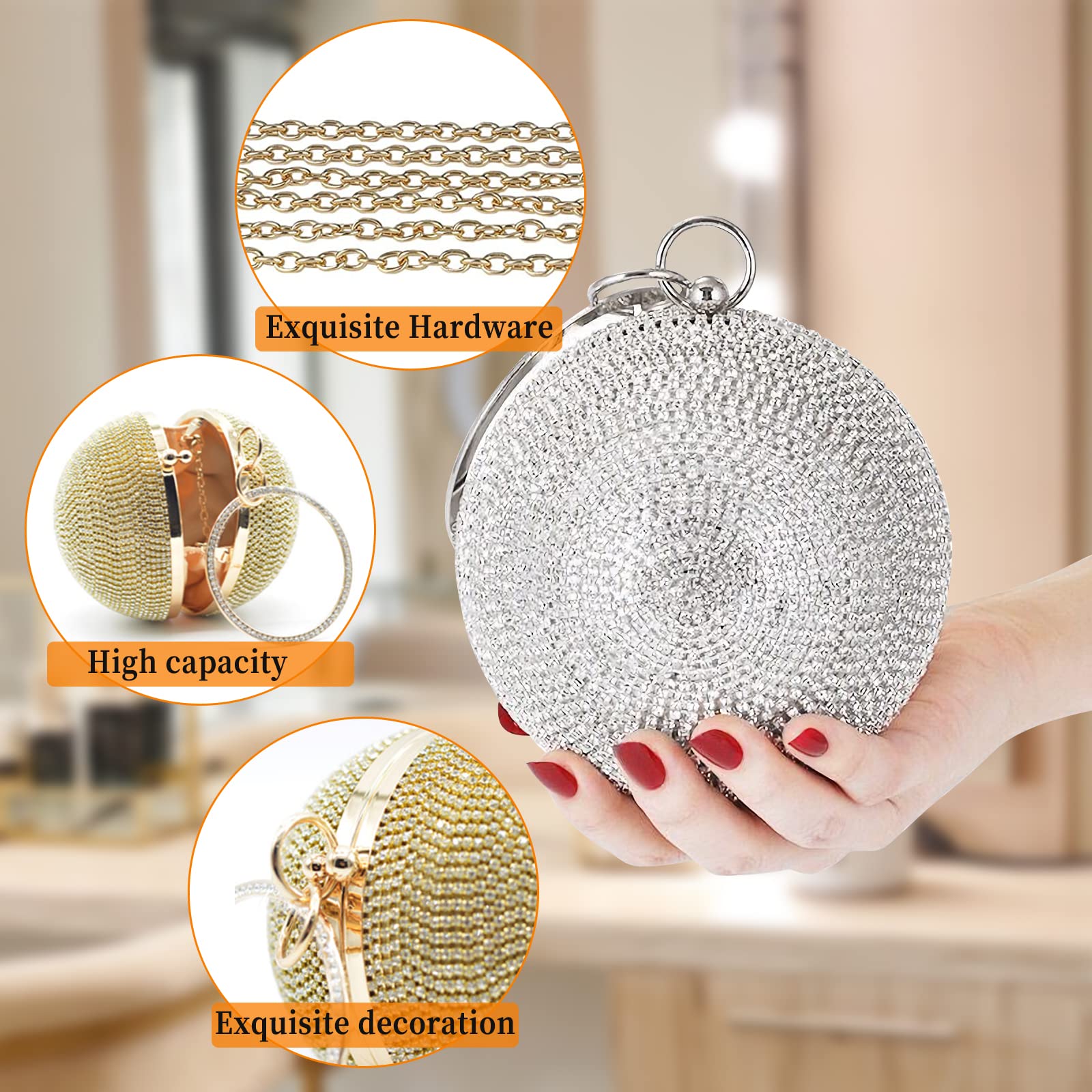 CORIOS Sac de Soirée pour Femme Rondes Boule Cristal Soirée Pochette Diamond Embrayage Sac en Strass à la Main Sacs Fourre-Tout Sacs D'épaule de Mariée pour Fête Banquet Mariage Bal Or