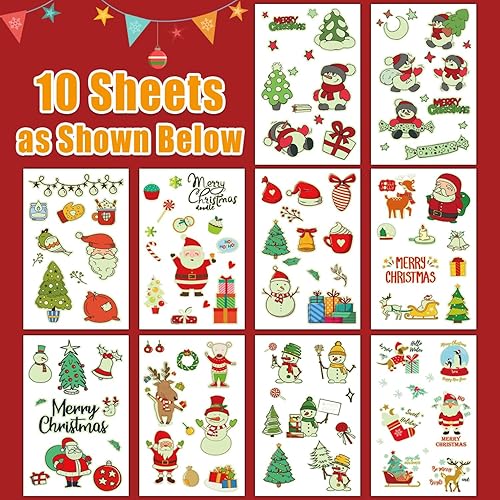 Miniatura 2 de Partywind 105 estilos de suministros de fiesta de Navidad brillantes para niños, tatuajes temporales luminosos de Navidad para decoraciones de