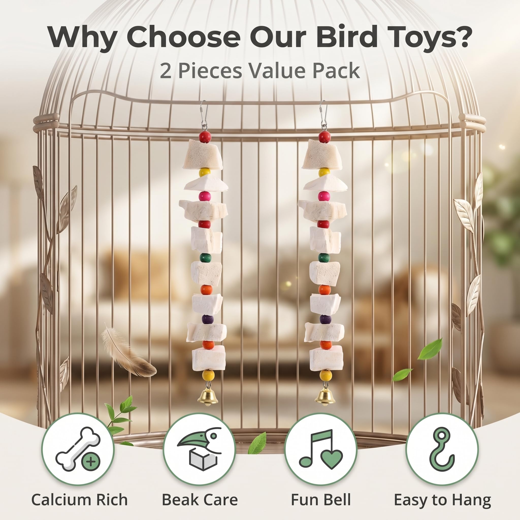 Lot de 2 Jouets pour Oiseaux avec Os de Seiche, Os de Seiche Oiseaux pour Perruches, Accessoire pour Cage à Oiseaux avec Crochet, Jouet Perroquet pour Perruches, Calopsittes et Inséparables