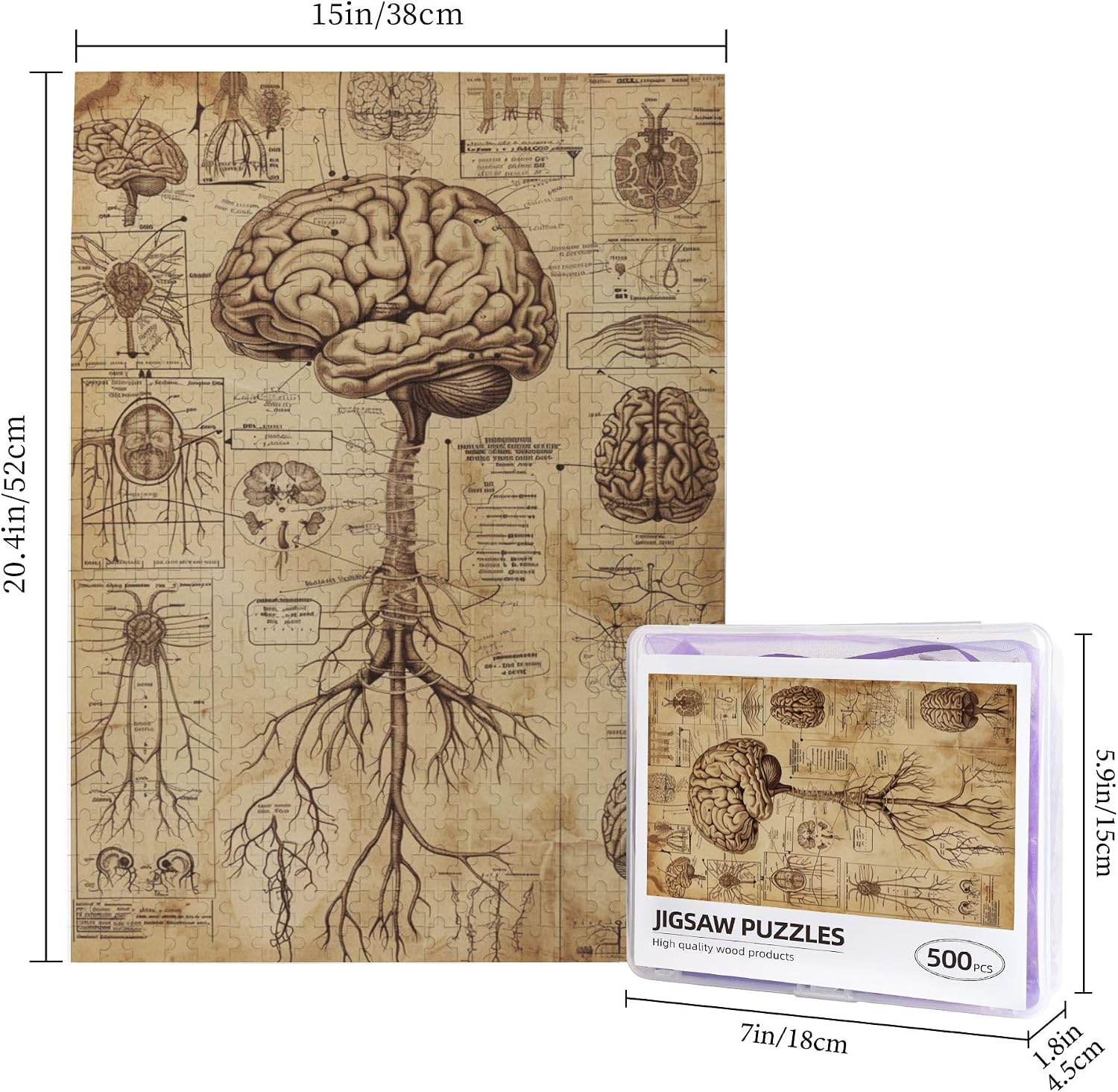 Vintage Puzzle 500 Piece Guides to Understanding The Human Brain,Classic Teaching Wooden Puzzle Game,Unique and Beautiful Design,Puzzles Suitable for Entertaining with Family During Holidays
