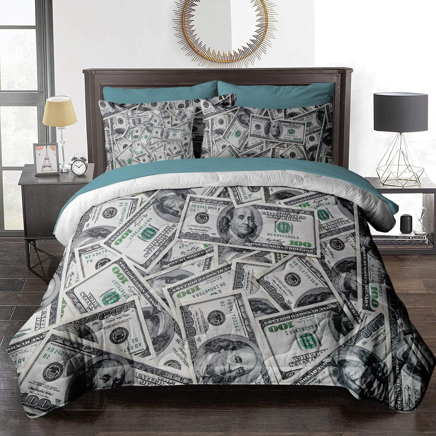 BlessLiving 3D Bed in A Bag One Hundred Dollar Bill Print Bedding Sets Queen 8 Pieces Money Pattern - 1 Comforter, 2 Pillow Shams, 1 Flat Sheet, 1 Fitted Sheet, 1 Cushion Cover, 2 Pillowcases