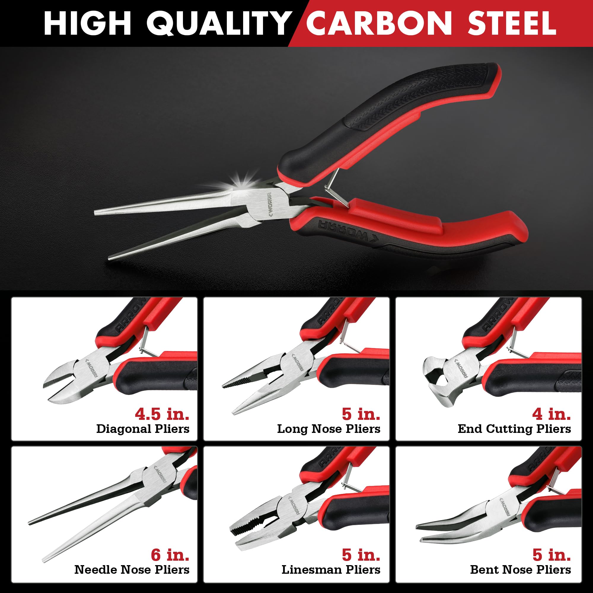 ARROW – Lot de 6 mini pinces de précision pour bijoux et loisirs créatifs – Comprend aiguille, diagonale, longue, courbée, coupe d'extrémité et pince de monteur de ligne pour électronique, artisanat