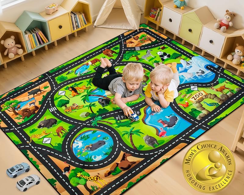 Kids Rug,5x7 Ft Animal Car Rugs for Kids Toy Cars | Extra Thick (0.4in) - Non-Slip Zoo Road Rug Mat Carpet for Playroom & Bedroom, Educational Learning & Game Area