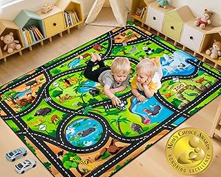 Kids Rug, 3x5 Ft Animal Car Rugs for Kids Toy Cars, Extra Thick (0.4in) - Non-Slip Zoo Road Rug Mat Carpet for Playroom & Bedroom, Educational Learning & Game Area