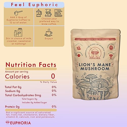 Miniatura 2 de Euphoria Café arábica con melena de león orgánica  Mejora el enfoque mental y la salud digestiva  Café orgánico molido  Vegano, sin OMG  9 oz (250g)