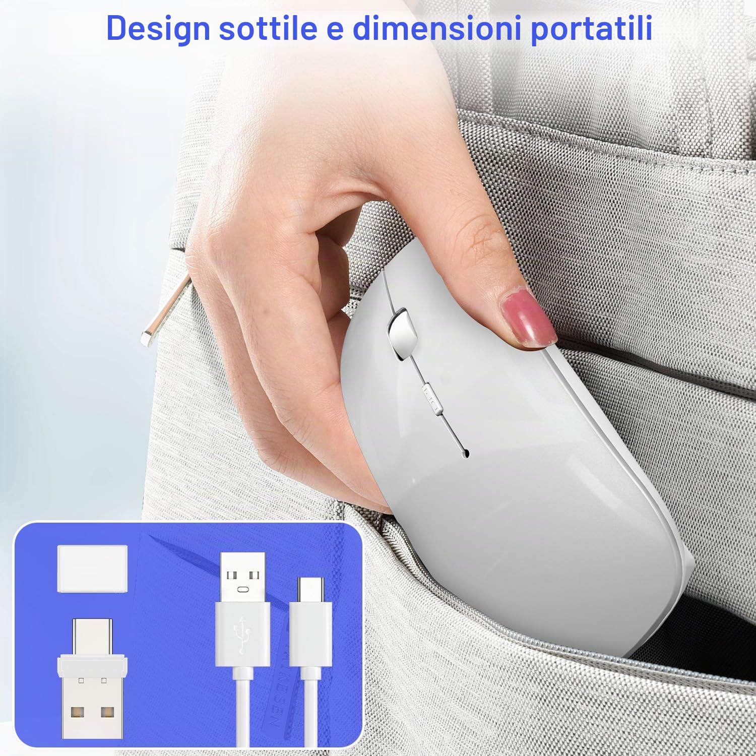 Mouse Wireless Bluetooth 5.2/3.0 + 2.4G USB-A/C – Ricaricabile USB-C, Click Silenzioso, 3 DPI (800/1200/1600), Jiggler Integrato – per iPad, MacBook, Laptop e PC Windows