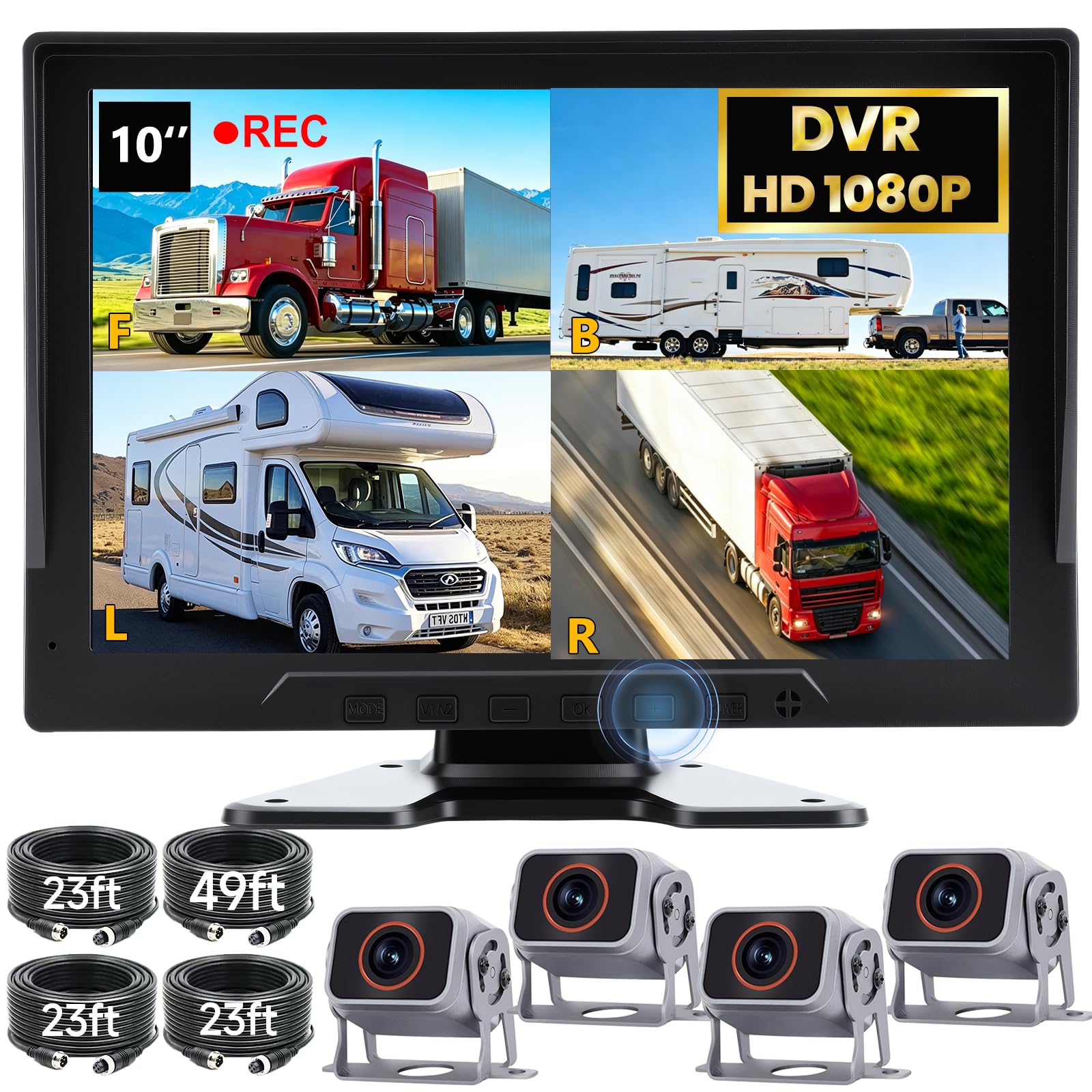 Photo 1 of ?4-Wired Backup Camera System, 10" DVR Quad Split Monitor with 4 Side & Rear View Camera, Vibration-Proof IP69K Waterproof Night Vision for Truck, RV, Tractor, Bus, Trailer, Heavy Equipment