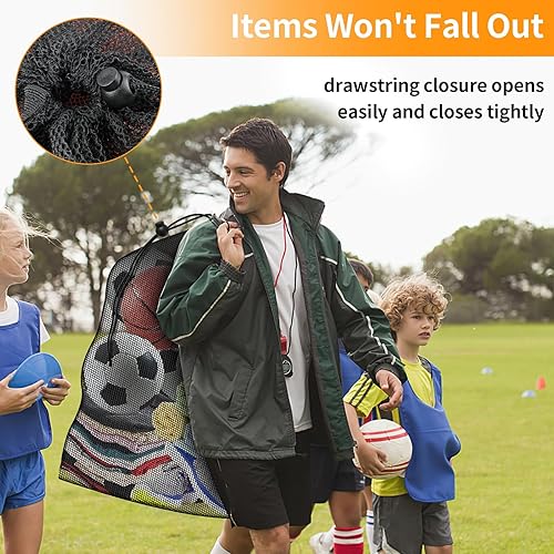 Miniatura 3 de Bolsa de pelota deportiva extra grande, bolsa de almacenamiento de malla transpirable resistente, 40 x 30 pulgadas con capacidad para 10-12 fútbol,
