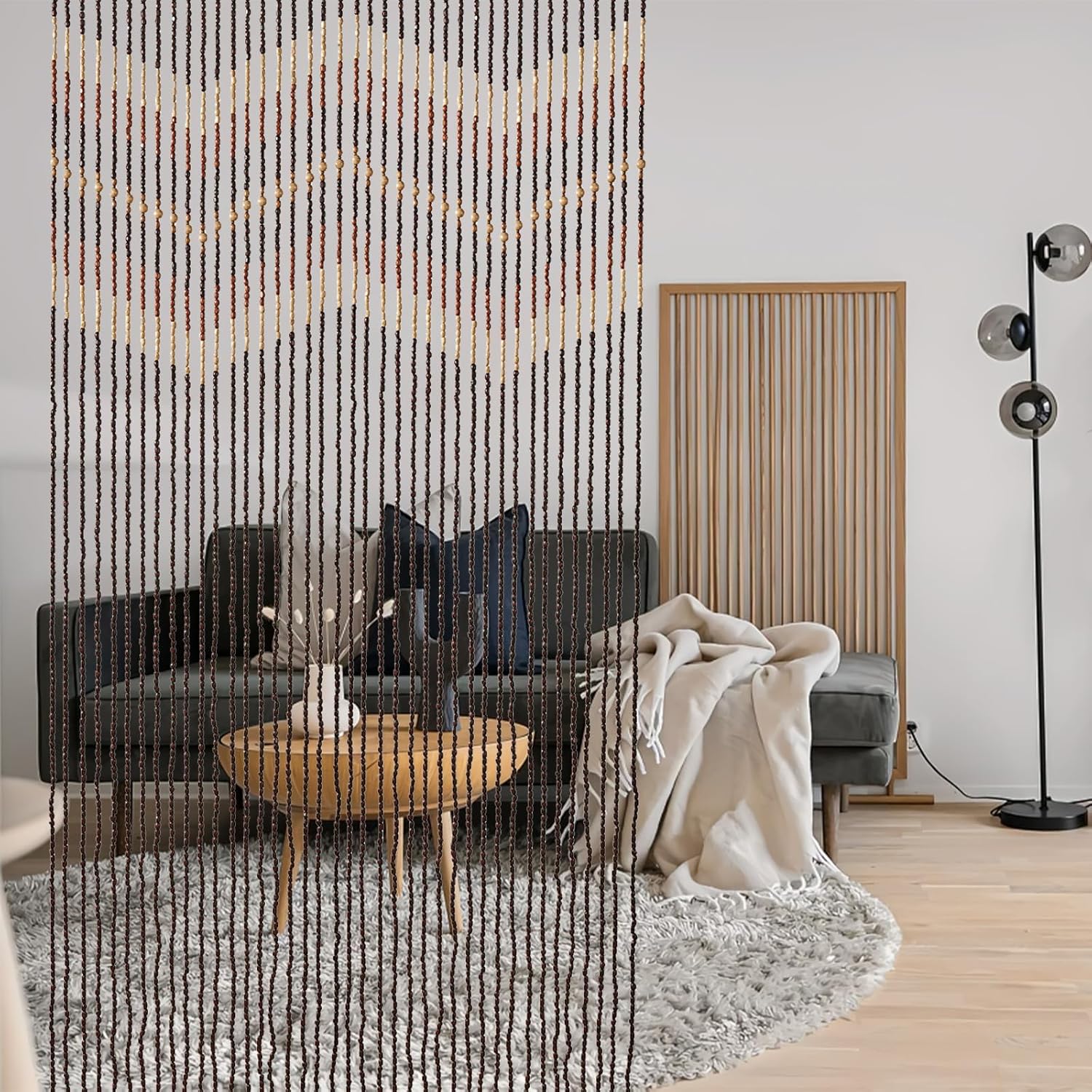 35.5" x 75" Boho Wood Bead Curtain for Doorways 40 Strands Door String Curtains Handmade Beaded Curtain Window Hanging Room Divider Wave Pattern for Home Decoration, Dark Brown