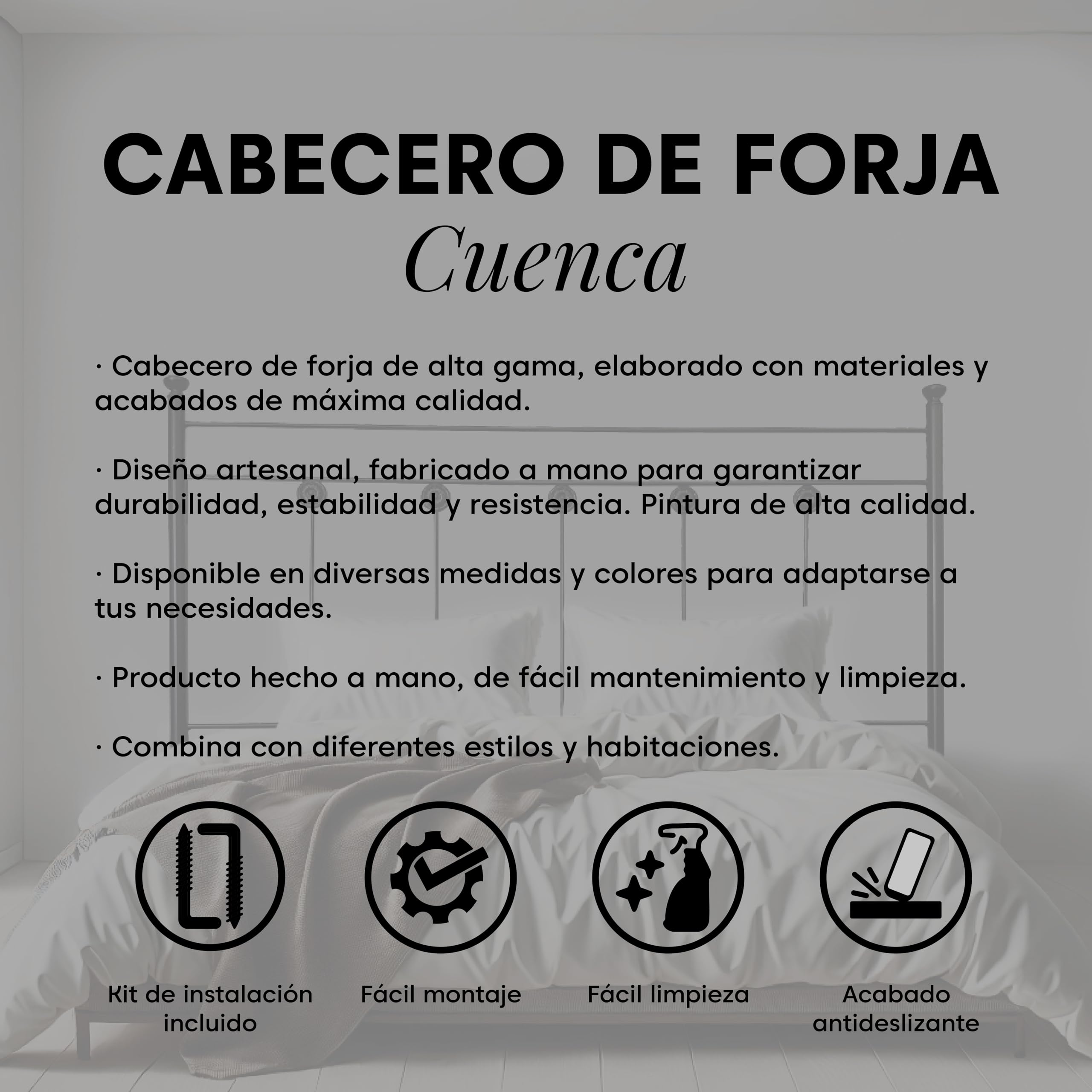 Cabecero Forja Cuenca, Cabezal para Cama, Cabecero, Cama Matrimonio e Individual, Cama De Hierro, Cabezal Forja, Cabecero Juvenil, Hecho En España (Negro, 135 cm)