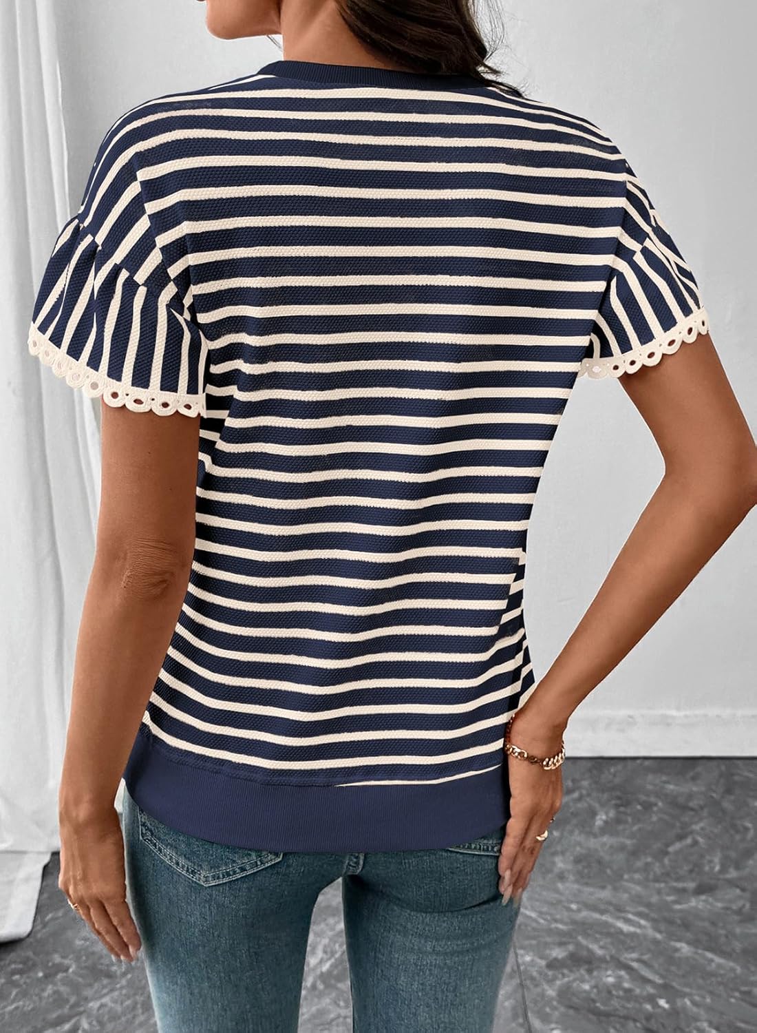 SHEWIN Women Summer Loose Fit Tops Trendy Rib Knit Stripe Shirt Business Dressy Casual 2026 - Image 3