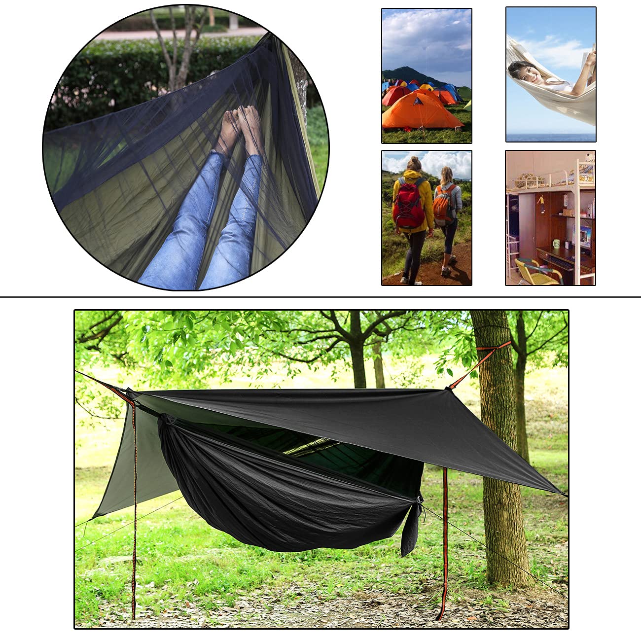 Set di amache da campeggio, singola, doppia amaca, zanzariera, mosche pioggia, paracadute ad alta resistenza, letto da appendere, adatto per attività all'aperto, escursioni, campeggio, viaggi