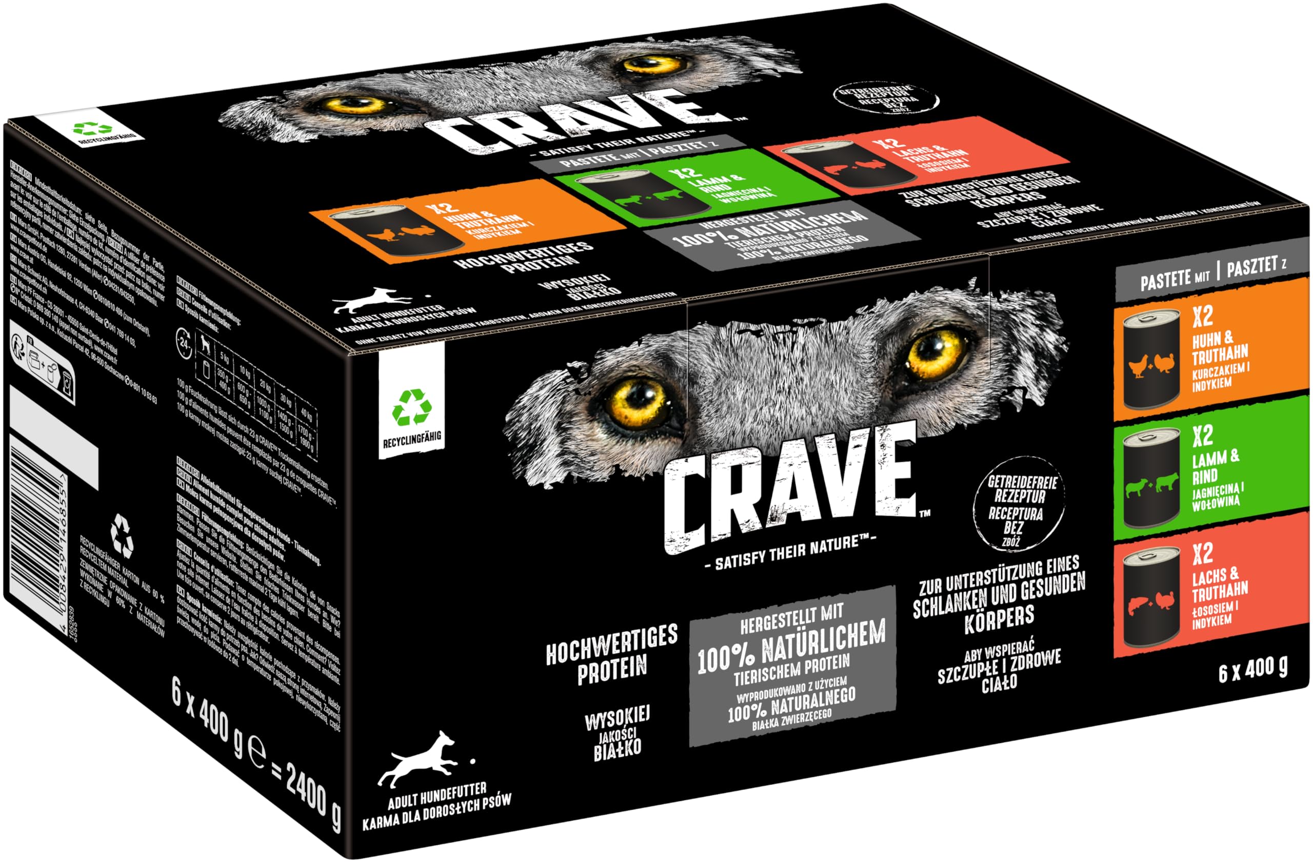 CRAVE Adult Hundefutter nass ohne Getreide - 6x400g Dosen - Premium Nassfutter für Hunde in 3 verschiedenen Sorten - mit 100 Prozent natürlichem Protein