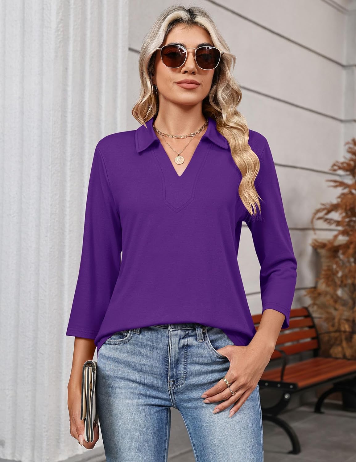 LOMON 3/4 Length Sleeve Womens Tops 2026 Spring Summer Collared Polo Shirts V Neck Casual Basic Polos Tees Shirt - Image 4