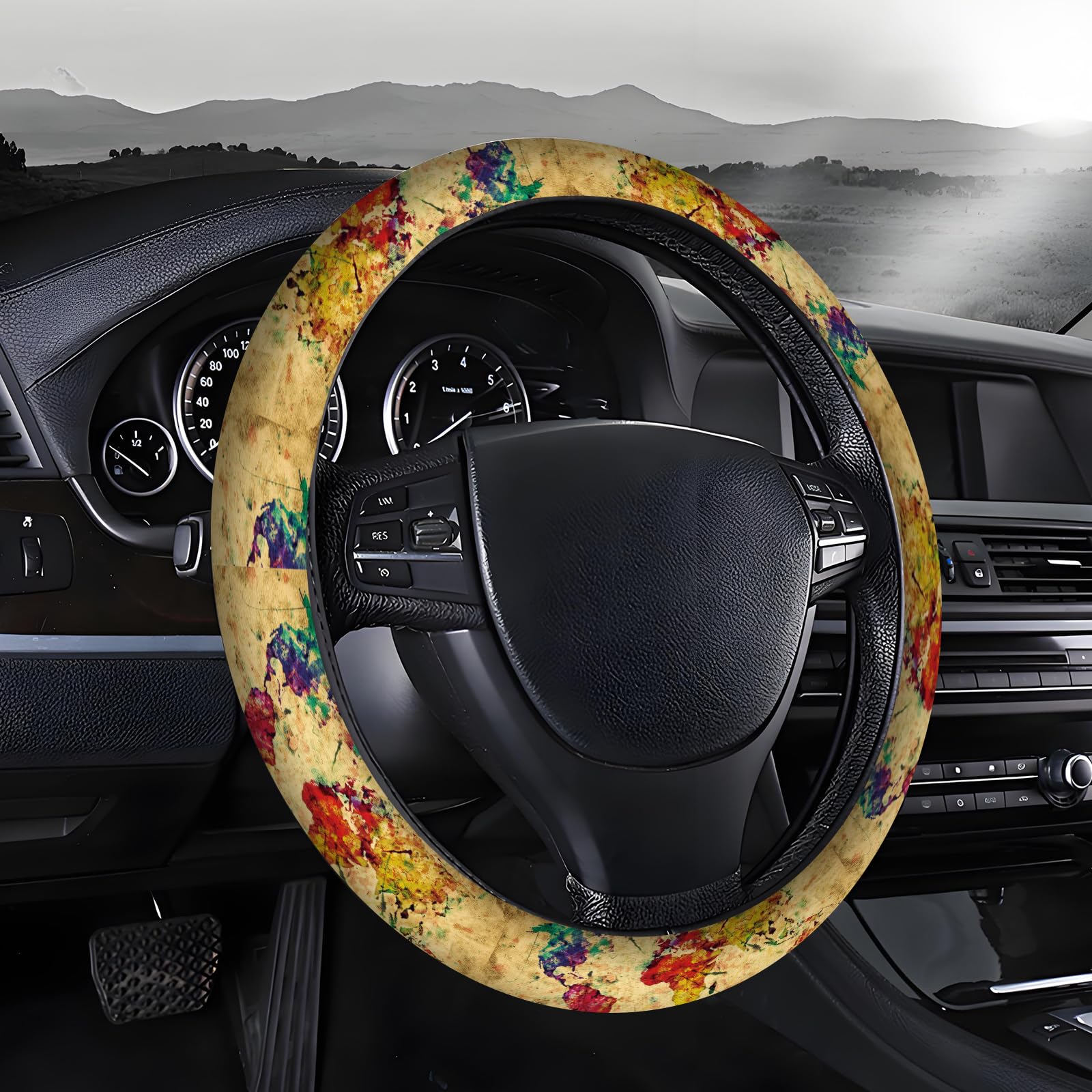 AOPEFNX Steering Wheel Covers for Car, Truck, and SUV, Cute Non-Slip Breathable Elastic Steering Wheel, Car Accessories, Universal 15 Inch Leather Cover for Men Women Retro World Map