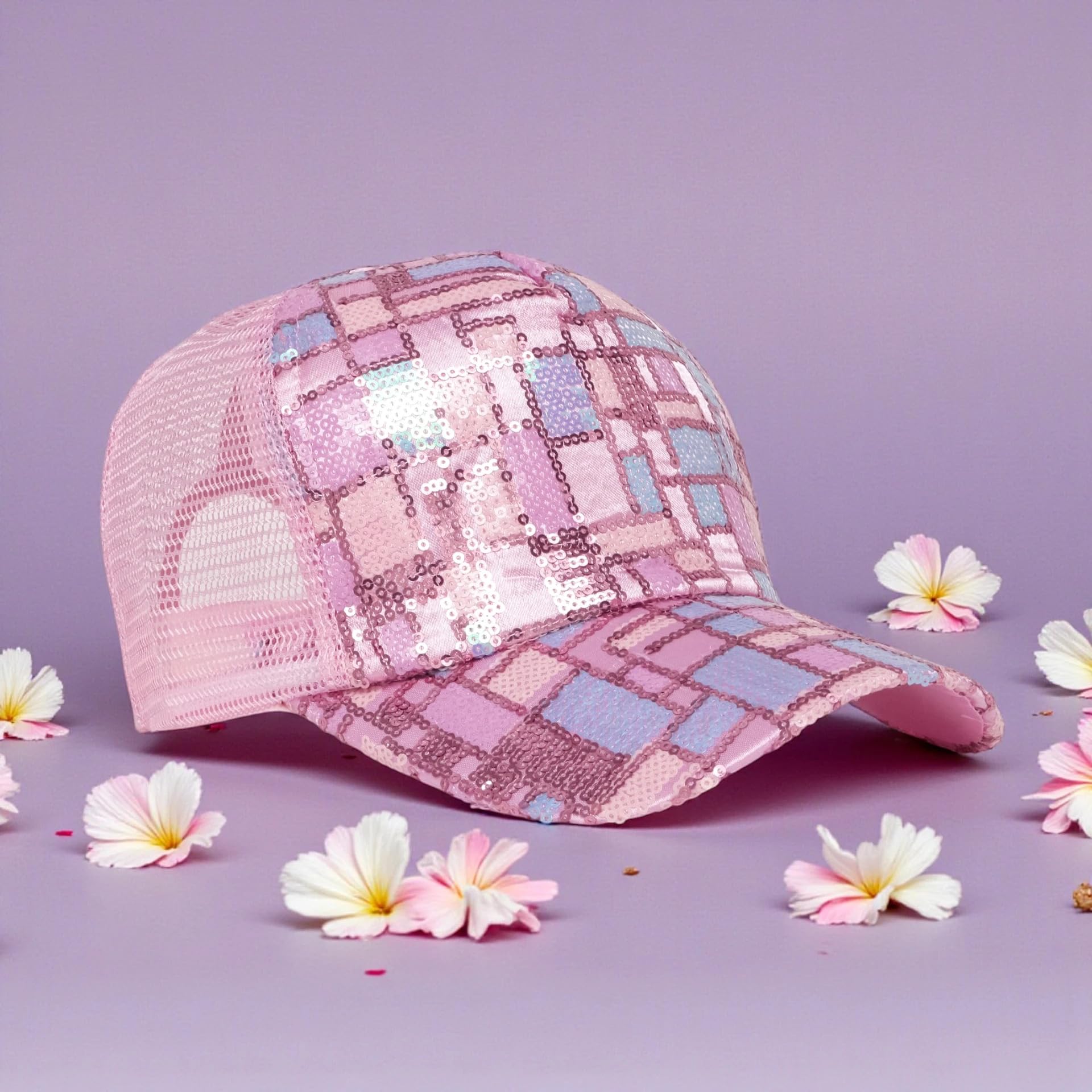 Geometric Sequin Trucker Cap for Women | Sparkle Mesh Baseball Cap | Adjustable Snapback Fashion Hat for Parties, Festivals & Casual Wear-image-0