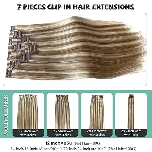 Miniatura 5 de Extensiones de cabello humano con clip, sin costuras, rubio balayage, color rubio ceniza, extensiones de cabello humano real, extensiones de cabello