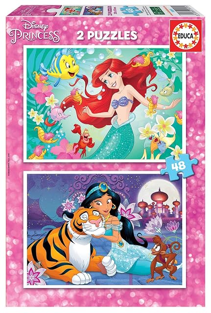 Educa - Set de 2 Puzzles Infantiles con 48 Piezas de cartón | Puzzle Disney Ariel y Jasmin | Princesas Disney | Recomendado A Partir de 4 5 6 años (18213)