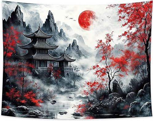 Miniatura 7 de Tapiz de anime japonés negro y rojo, tapiz de bosque de montaña con flor de cerezo para colgar en la pared, tapiz de paisaje de naturaleza asiática