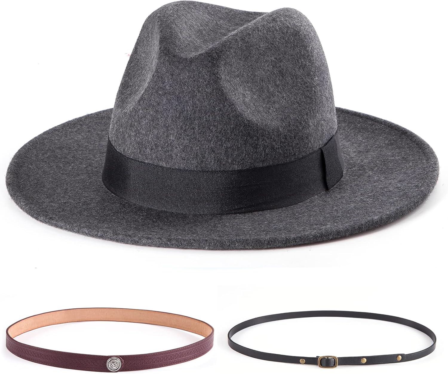Felt Wide Brim Fedora Hats for Women Men, with Band Belt Buckle, Adjustable - Image 5
