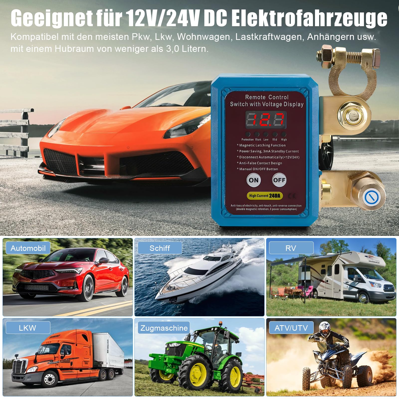 Bezprzewodowy pilot zdalnego sterowania do samochodu, izolator 12 V/24 V, odłącznik akumulatora 240 A, wyłącznik zabezpieczający przed kradzieżą, automatyczne wyłączanie akumulatora (ulepszony