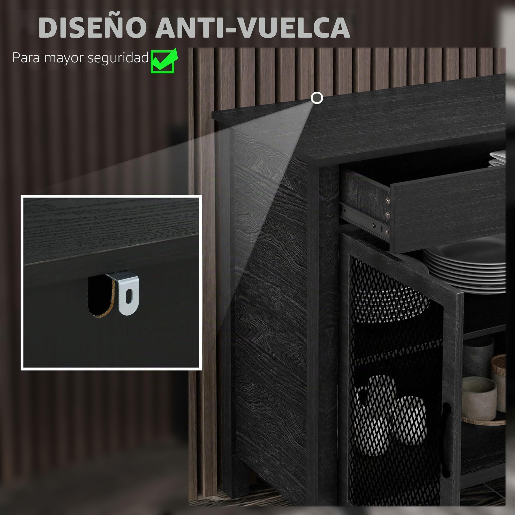 HOMCOM Mueble Aparador Bajo Armario de Almacenaje, 4 Puertas con Estantes Ajustables y 2 Cajones, Estilo Industrial, 150 x 40 x 85 cm, Color Negro