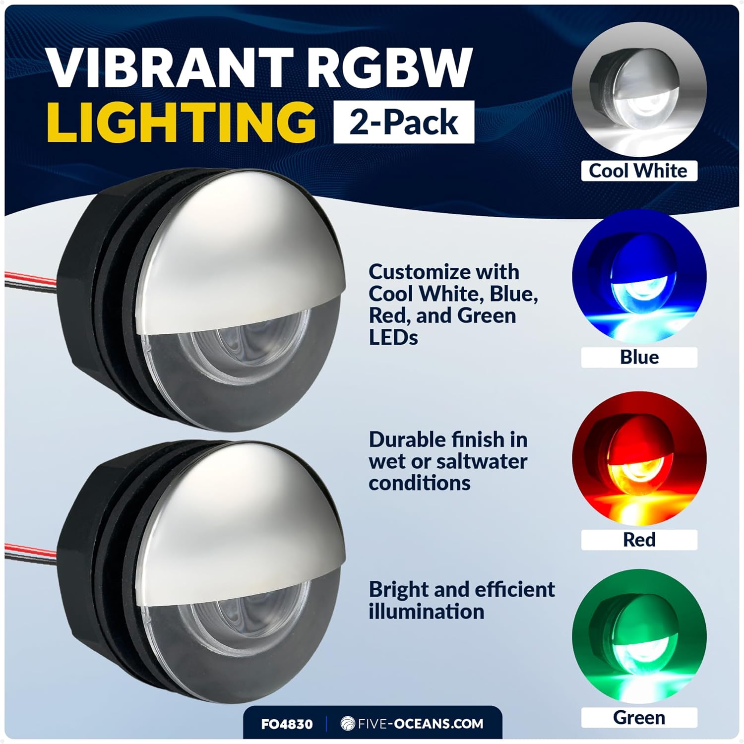Five Oceans RGBW Internal Driver LED Boat Courtesy Lights, 2-Inch Round with 316 Stainless Steel Cap, 2-Pack, IP67 Waterproof, 12V, Thru-Hull Mount for Livewell, Baitwell & Underwater Light - FO4830