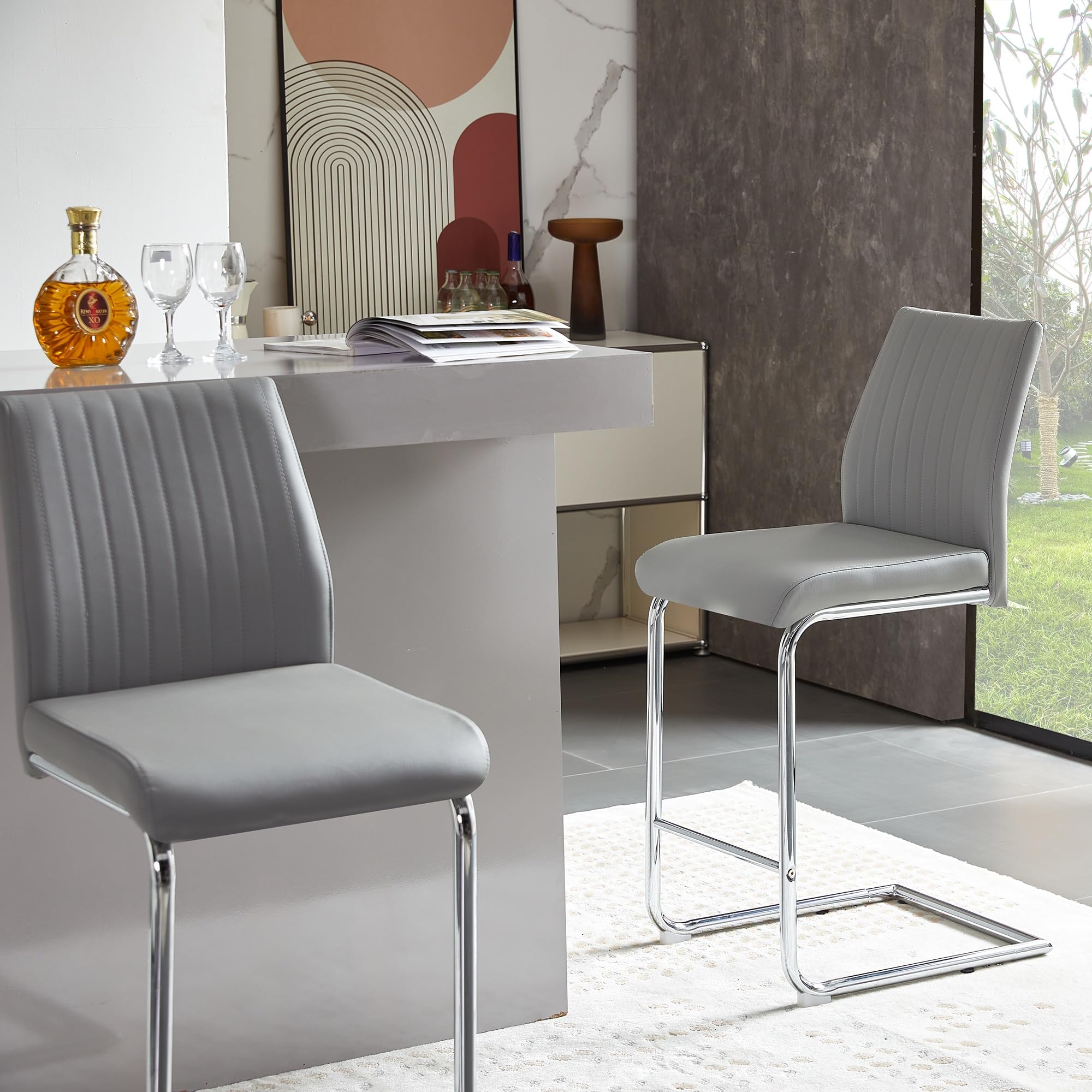 SEALODY 2 Pieces Bar Chair Set, Bar Chair with PU Leather Cushion and Backrest and Metal Pipe Frame, Bar Chair Set for Dining Room, Kitchen, Light Grey