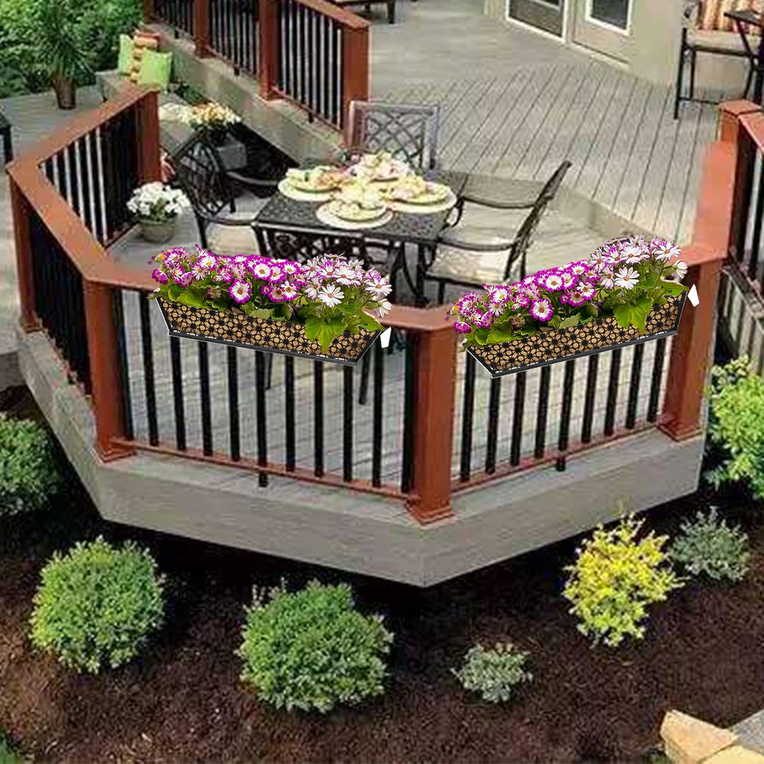 2 Set Deck Railing Planter Box,24 Black Metal Garden Trough Deck
