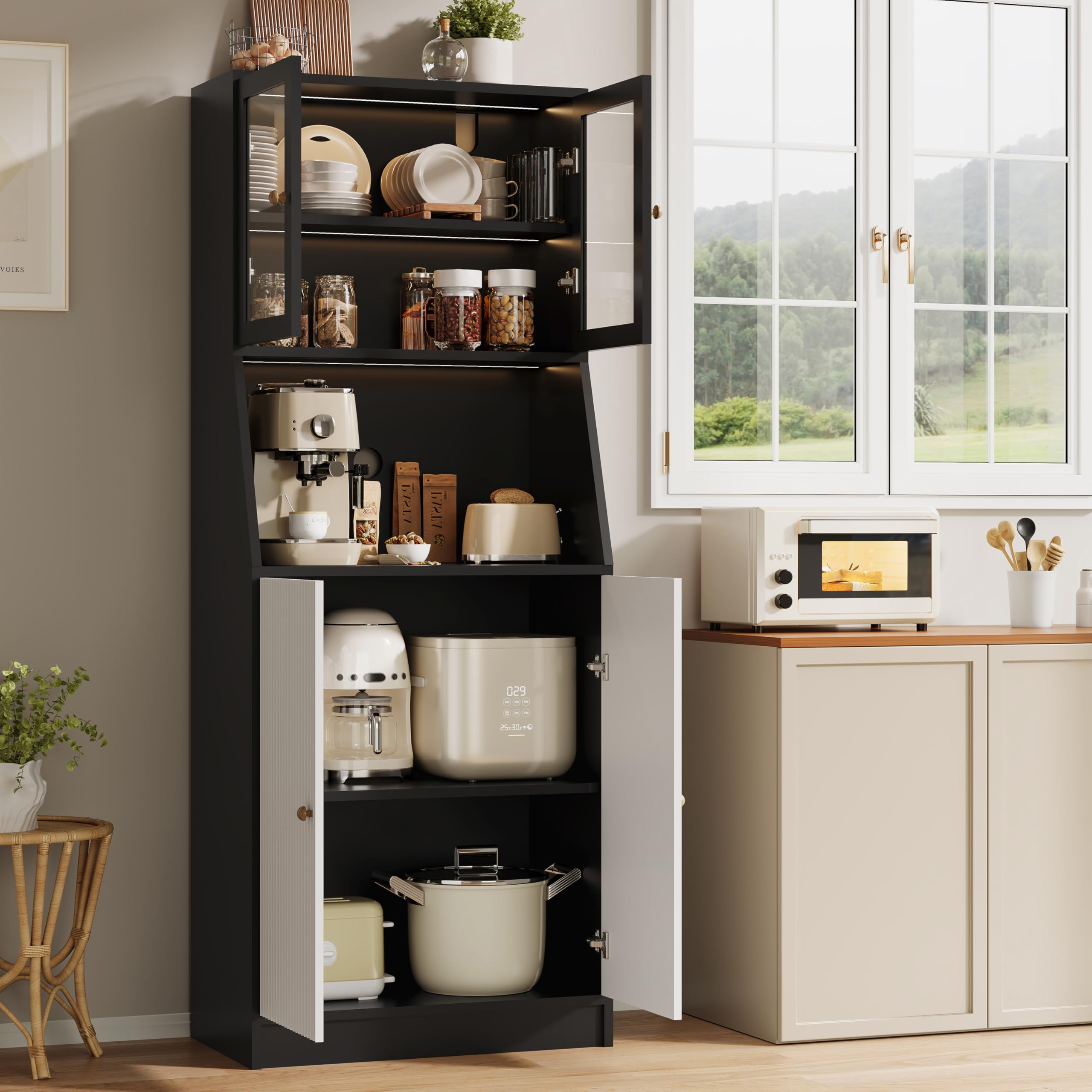 Credenza alta cucina con LED, mobile da cucina con piano di lavoro, armadio da cucina con ripiani regolabili e armadi, credenze, vetrina per sala da pranzo (nero)