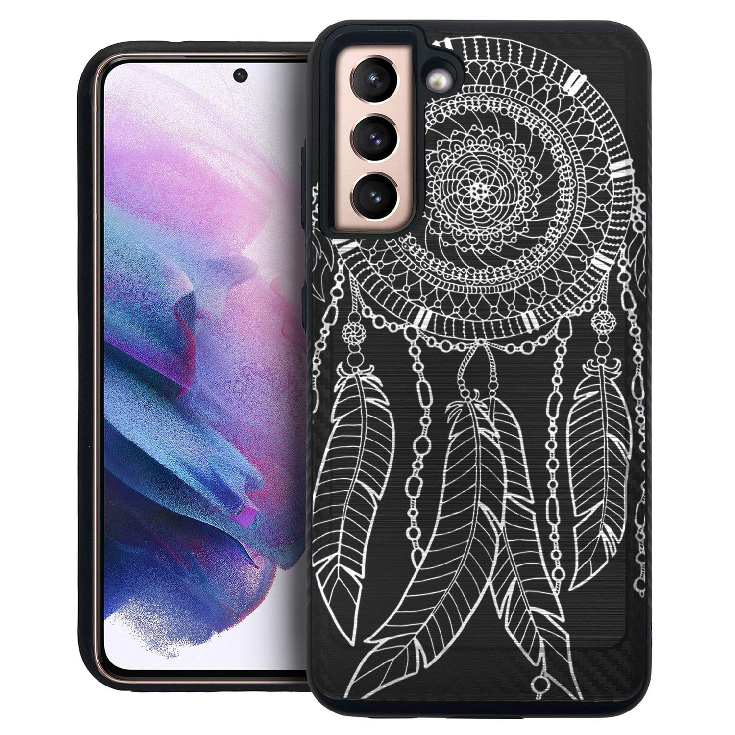 CasesOnDeck Fitted Case Compatible with [Samsung Galaxy S21 FE / S21 FE 5G (2022)] [Brushed Armor] Black Dual Layer Case with Design (Dreamcatcher)