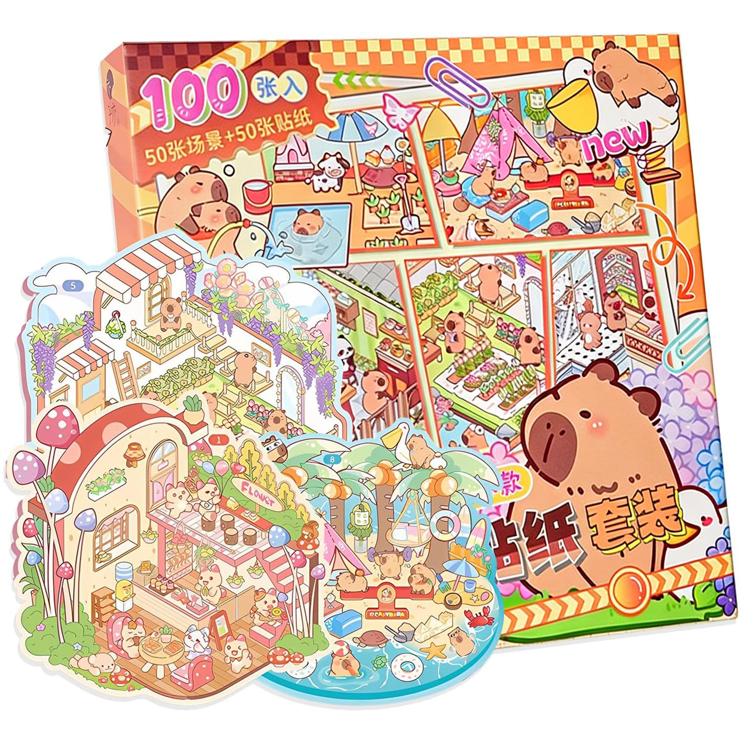 DIY 3D House Stickers Scene Kit,Cartoon Sticker Miniature Scene Therapy Stress Relief Sticker Scenes with Tweezers,Miniature Landscape Stickers Set with Tweezers, for Adults,Kids and Teens (100 Sets)