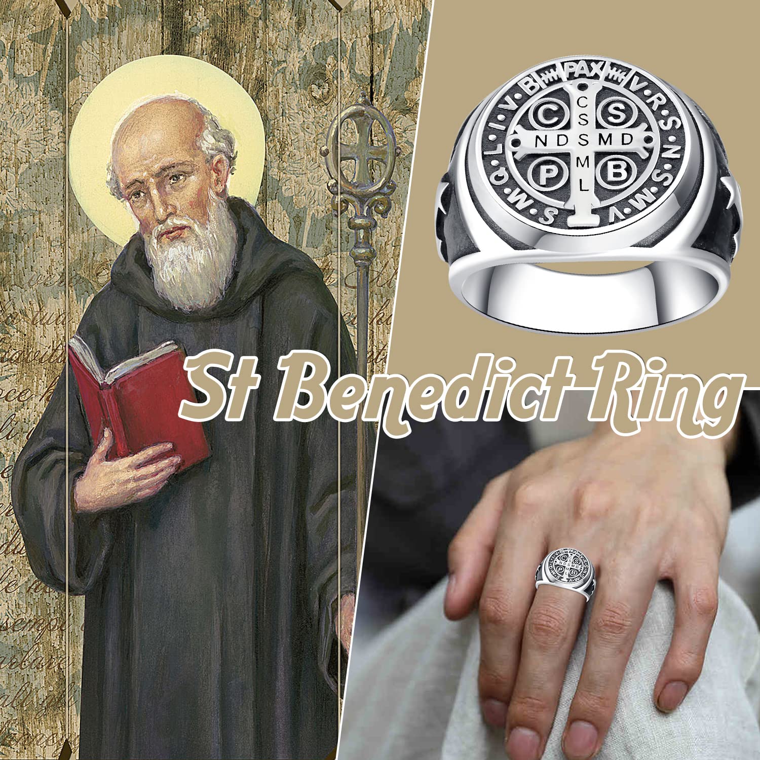 Anello con Sigillo in Argento Sterling 925 Anello Uomo Anello di San Benedetto Croce Anello Amuleto Religioso Religioso Regalo Gioielli Fede Cristiana per Uomo Donna