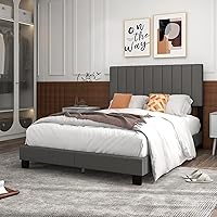 Vista 9 de Giantex Base de cama de plataforma tamaño Queen, necesita somier, base de colchón tapizada moderna con cabecera de tela de lino, patas de madera