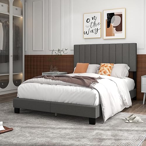 Miniatura 9 de Giantex Base de cama de plataforma tamaño Queen, necesita somier, base de colchón tapizada moderna con cabecera de tela de lino, patas de madera