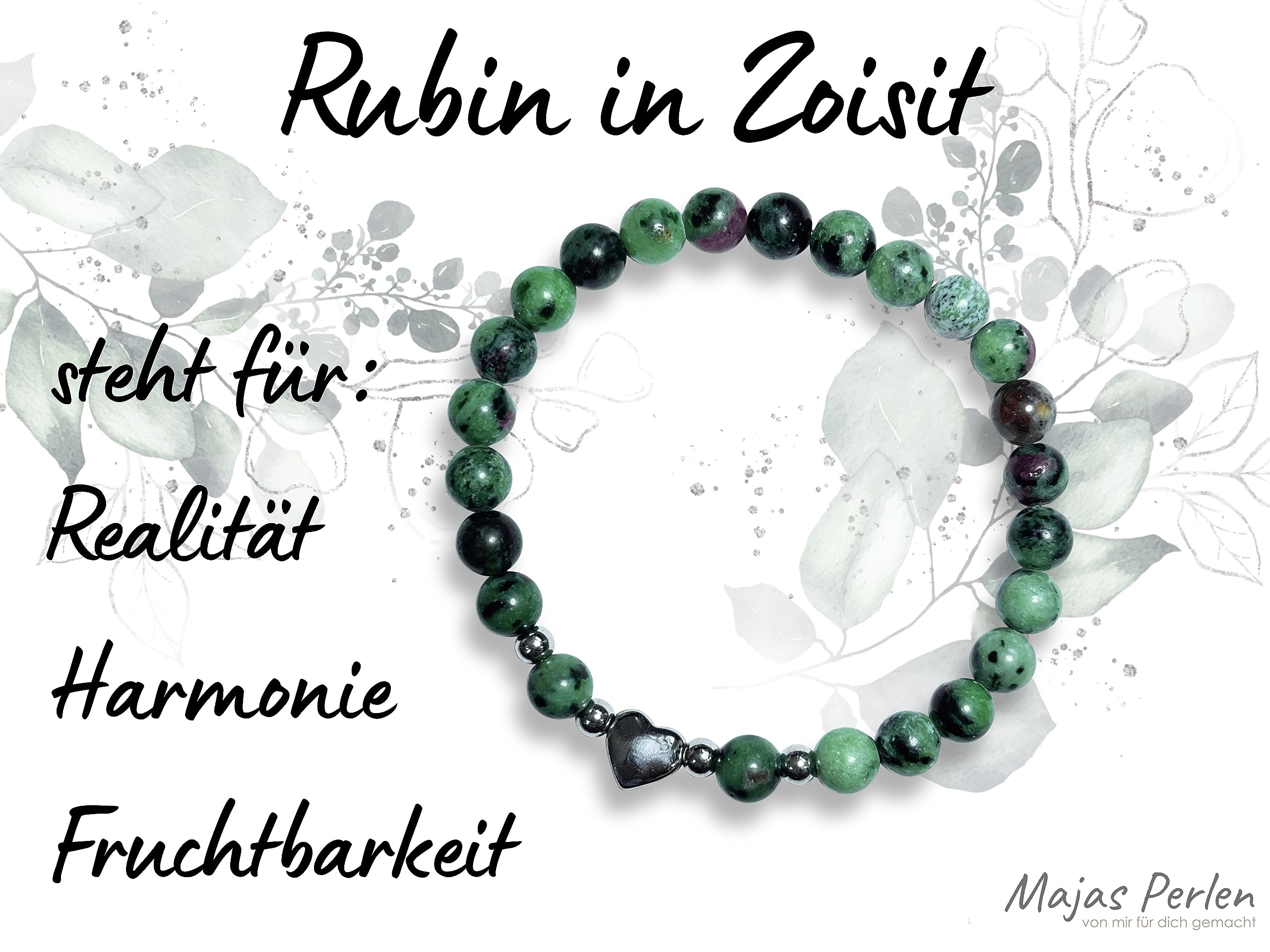 Rubin in Zoisit Armband Perlen echt 6mm Herz Edelstahl Silber Gold Roségold oder Ionisiert - Handmade Perlenarmband Realität Harmonie Fruchtbarkeit - Spiritueller Schmuck Damen Mädchen