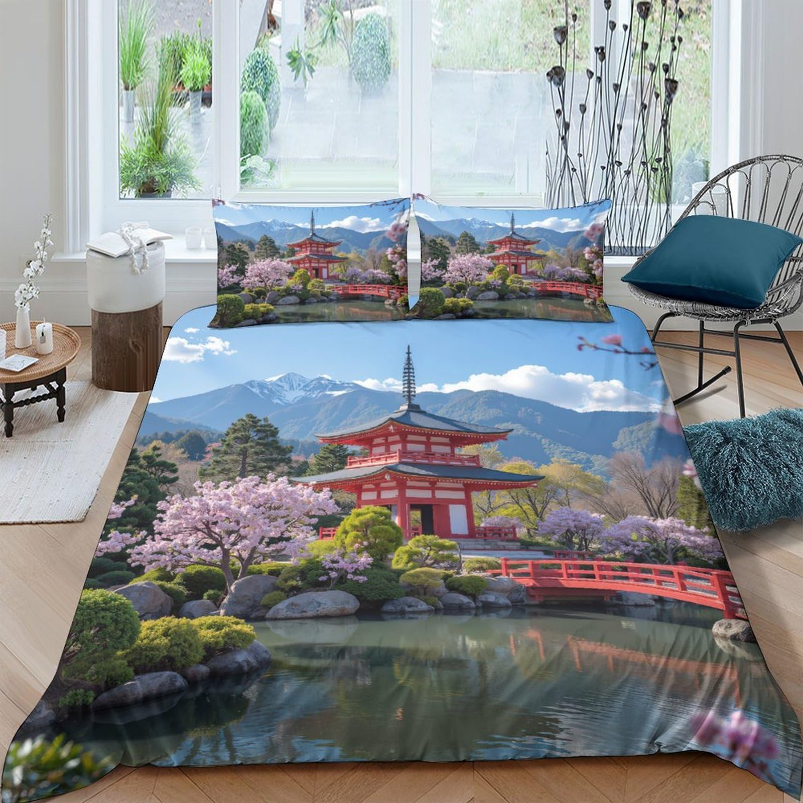 Ctjqhvkz Style-6 3D Printed Japanese Temple Fitted Sheet Microfiber Soft Breathable Sakura Landscape Bed Cover For Bedroom Guest Room Decor Single（135X200cm）