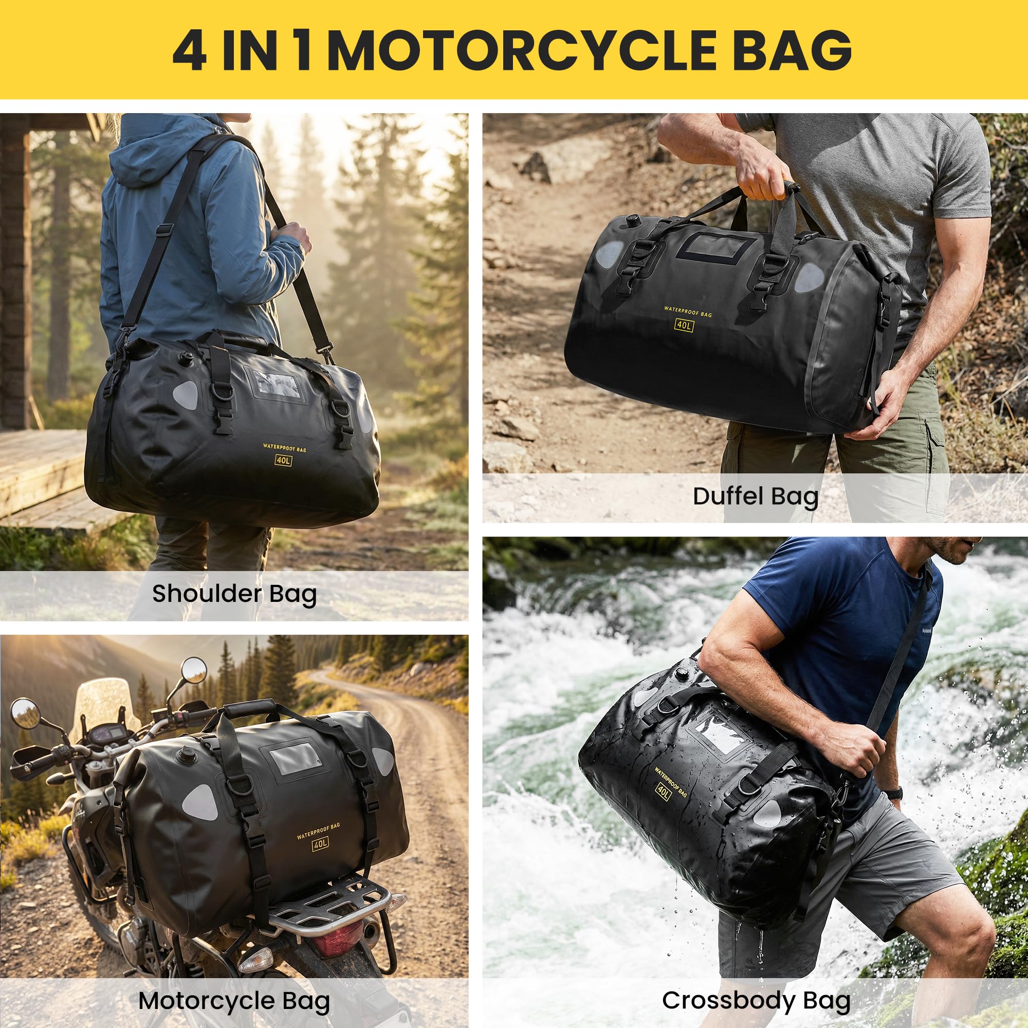 HOMIEE Bolsa trasera para motocicleta, 40 L, impermeable, bolsa grande con correas de cierre rápido, para turismo, camping, motociclismo, ciclismo, deportes acuáticos (negro)